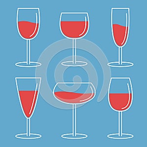 Red wine glass set. Different shape collection. White contour outline icon. Shining glossy utensils. Food and drink concept. Menu