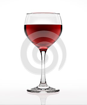 Red wine glass, on white surface and background, viewed from a side.