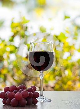 Red wine glass on wood surface with red grapes