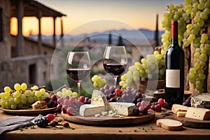 Red wine glasses and bottle, grapes and cheese on vintage wooden table in vineyard, generative AI