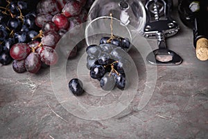 Red Wine Glasses and Bottle Red Grape Background Horizontal Background with Red Wine and Glass Top View Copy Space