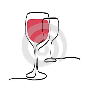 Red wine glasses continuous line artistic illustration