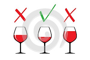 Red wine glasses silhouettes, beverage goblets.Alcohol drink icons on a white background.Simple logos.Right use concept.Correct