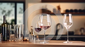 red wine glasses on table top,cookware kitchen in modern gourmet kitchen banner