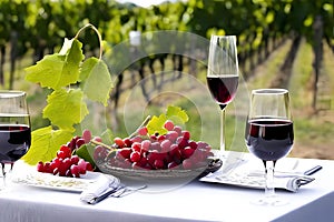 Red wine in glasses on table in vineyard