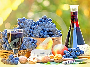 Red wine and grape on table