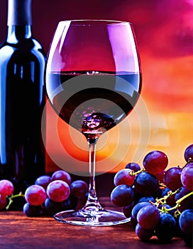 Red wine with grapes on a dark background. Selective focus. ai generative