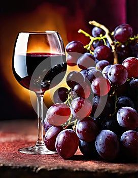 Red wine with grapes on a dark background. Selective focus. ai generative