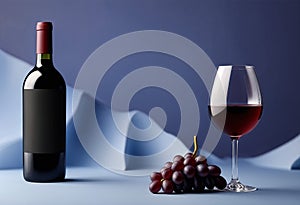 red wine with grapes next to it and a bottle on a blue background