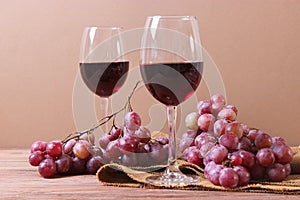 red wine and grapes on the table top view.