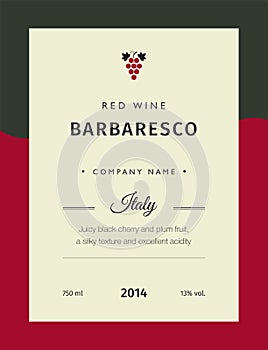 Red wine labels. Vector premium template set. Clean and modern design. Italy red wine label Barbaresco.