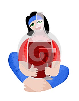 Red wine lover. Woman with bottle of wine. Vector isolated illustration