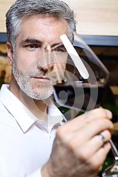 Red wine. Man drinking wine in a restaurant