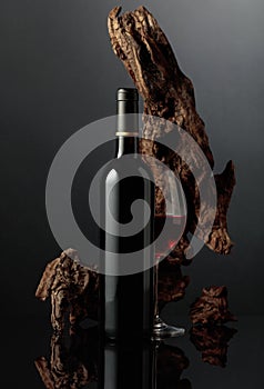 Red wine and old snag on a black background