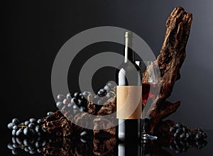 Red wine with an old snag and blue grapes