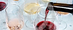 Red wine panorama, a tasting at a winery. Various colors of wine