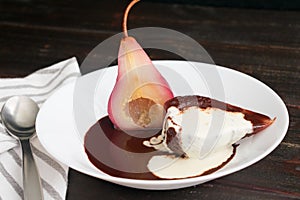 Red Wine Poached Pears with Dark Chocolate & Vanilla Cream