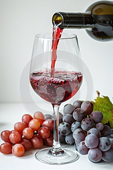 Red wine poured into glass and grapes on white background. AI Generated