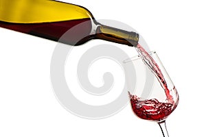 Red wine pouring from bottle into glass