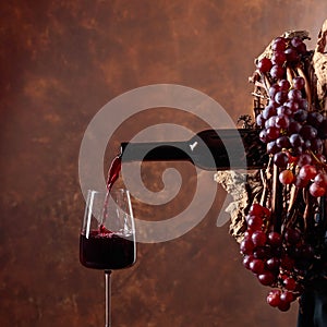 Red wine pouring from a bottle into a glass