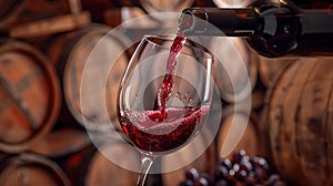 red wine pouring from bottle into glass with old wooden barrel as background at the winery