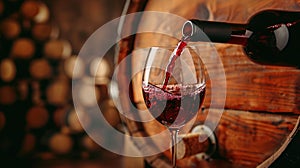 red wine pouring from bottle into glass with old wooden barrel as background at the winery