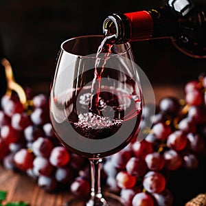 red wine pouring from bottle into glass with old wooden barrel as background at the winery