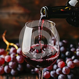 red wine pouring from bottle into glass with old wooden barrel as background at the winery