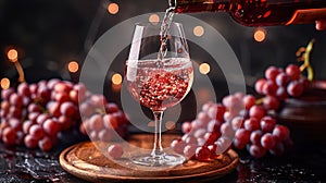 red wine pouring from bottle into glass with old wooden barrel as background at the winery