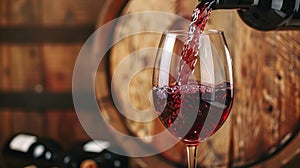 red wine pouring from bottle into glass with old wooden barrel as background at the winery