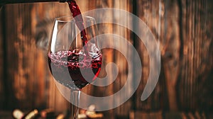 red wine pouring from bottle into glass with old wooden barrel as background at the winery