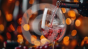 red wine pouring from bottle into glass with old wooden barrel as background at the winery