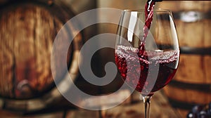 red wine pouring from bottle into glass with old wooden barrel as background at the winery