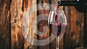 red wine pouring from bottle into glass with old wooden barrel as background at the winery