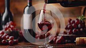 red wine pouring from bottle into glass with old wooden barrel as background at the winery