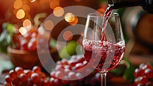 red wine pouring from bottle into glass with old wooden barrel as background at the winery