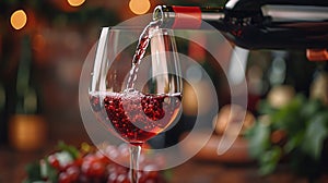 red wine pouring from bottle into glass with old wooden barrel as background at the winery