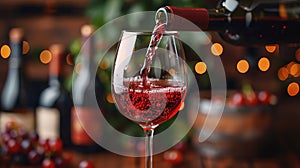 red wine pouring from bottle into glass with old wooden barrel as background at the winery