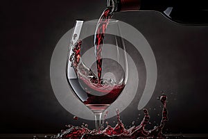 Red Wine pouring from bottle to wine Glass on dark background. Pouring red wine. Generative AI