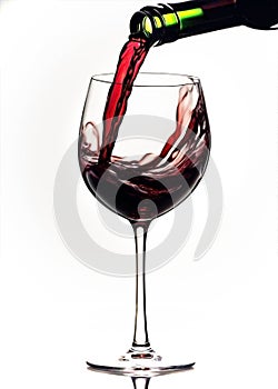 Red wine pouring down from a bottle into a glass, over white background