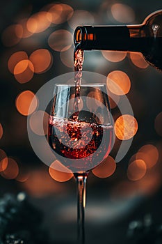 Red wine pouring in glass on red background with bokeh. Glass of wine with bottle. Drink for celebrating, date, family dinner,