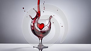 red wine pouring into glass A red wine heart splash on a white background. The heart is formed by red wine
