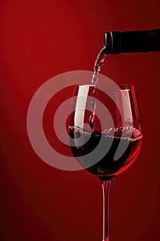 Red wine pouring into glass with splash against red background