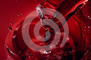 Red wine pouring with splashes on red background closeup. Glass of wine, drink for celebrating, date, family dinner, party. Wine