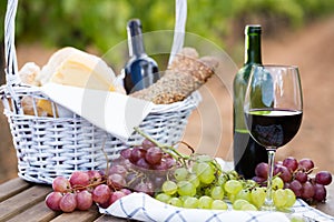 Red wine ripe grapes and picnic basket on table in vineyard