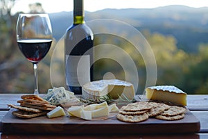 Red wine served with cheese board against mountain landscape