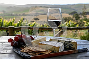 Red wine served with cheese board against mountain landscape