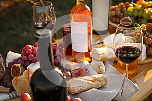 Red wine and snacks served for picnic on wooden table outdoors