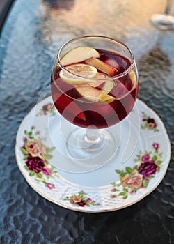 Red wine spanish famous traditional fruity sangria gourmet cocktail drink