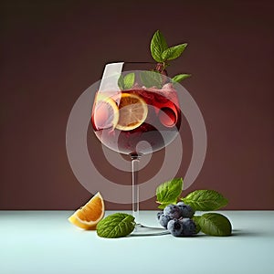 Red wine spanish traditional fruity sangria gourmet cocktail drink on trendy colorful background, copy space for text. Red summer